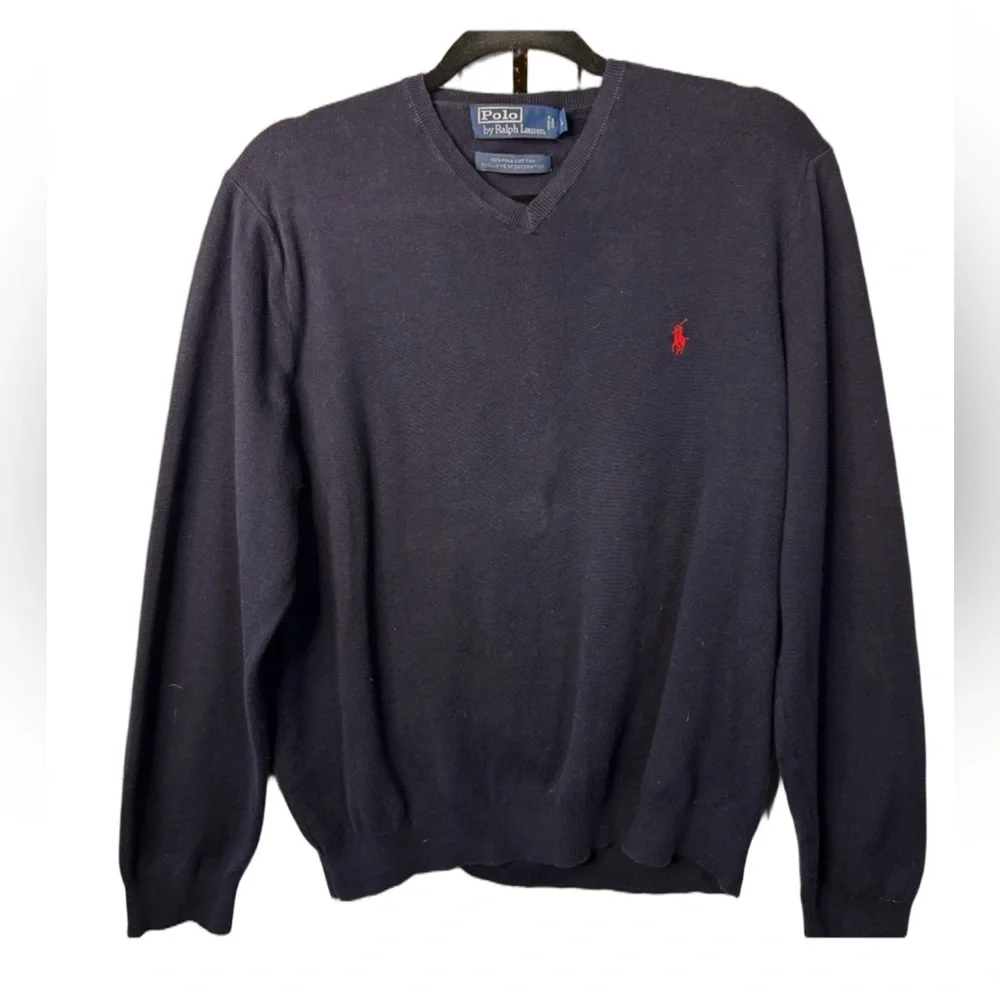 Polo Ralph Lauren V Neck Sweater Men Large Navy Merino Wool Pony Preppy Classic